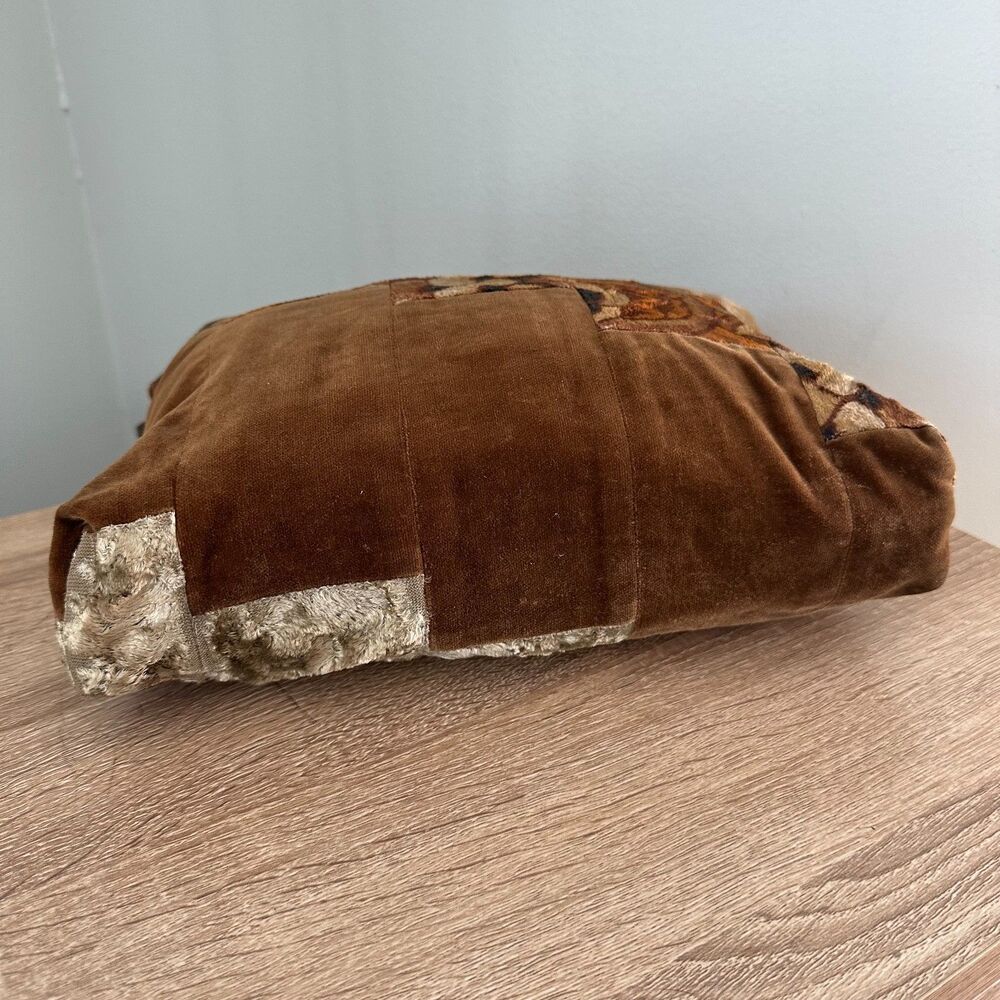 Vintage 70s Patchwork Velvet Shoulder Bag Wooden Handle Boho Floral Earthy - Picture 5 of 14